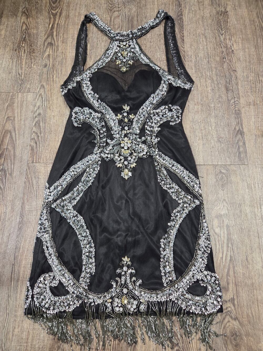 Claudine Beaded Fringed Halter Neck Formal Cocktail Black Women's Size 8 Dress